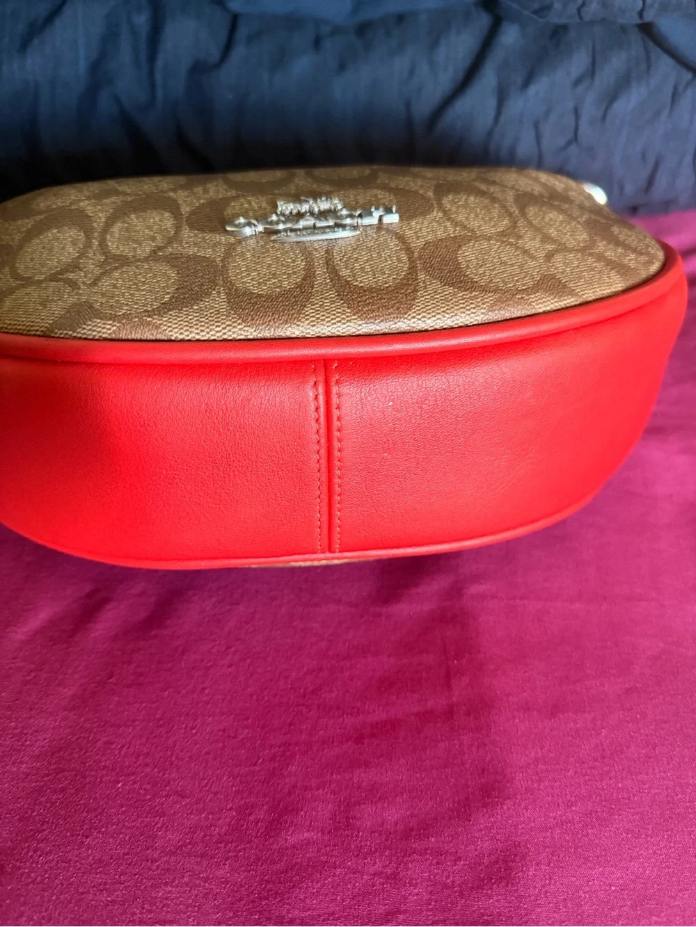 Coach Signature Canvas Crescent Hobo with Red Leather Trim